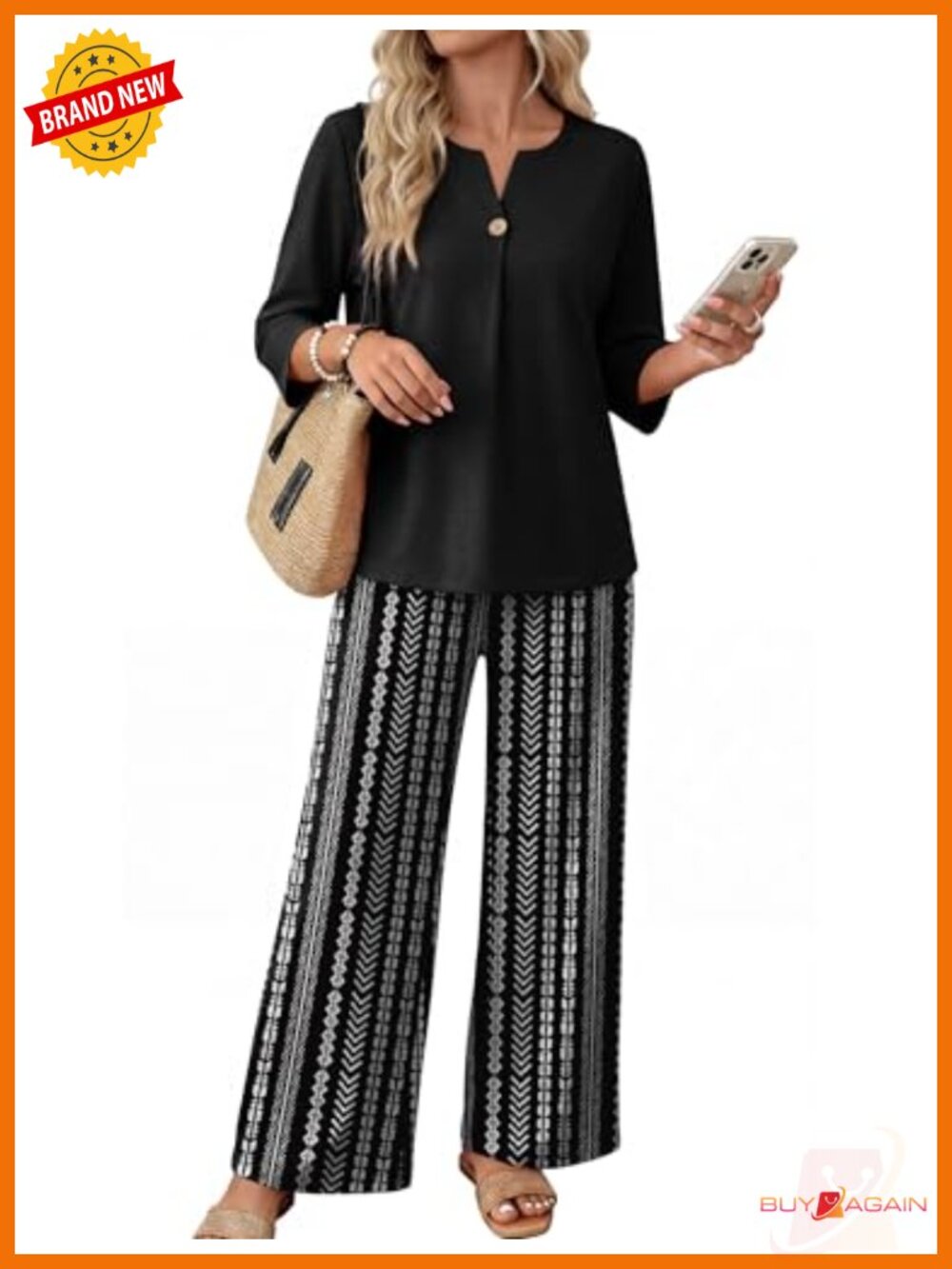 WIHOLL Women's Two Piece Lounge Set 3/4 Sleeve V-Neck Top Wide Leg Pants